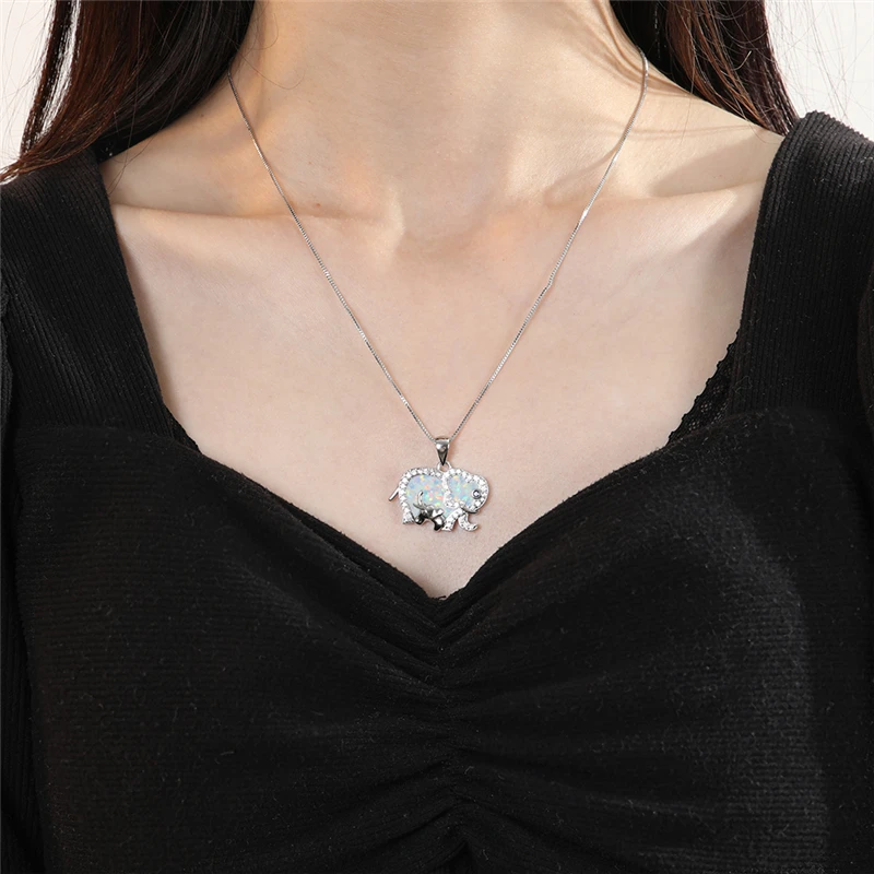 

Crystal Female Elephant Chain Necklace Charm Silver Color Pendant Necklace Dainty Blue Opal Animal Wedding Necklaces For Women