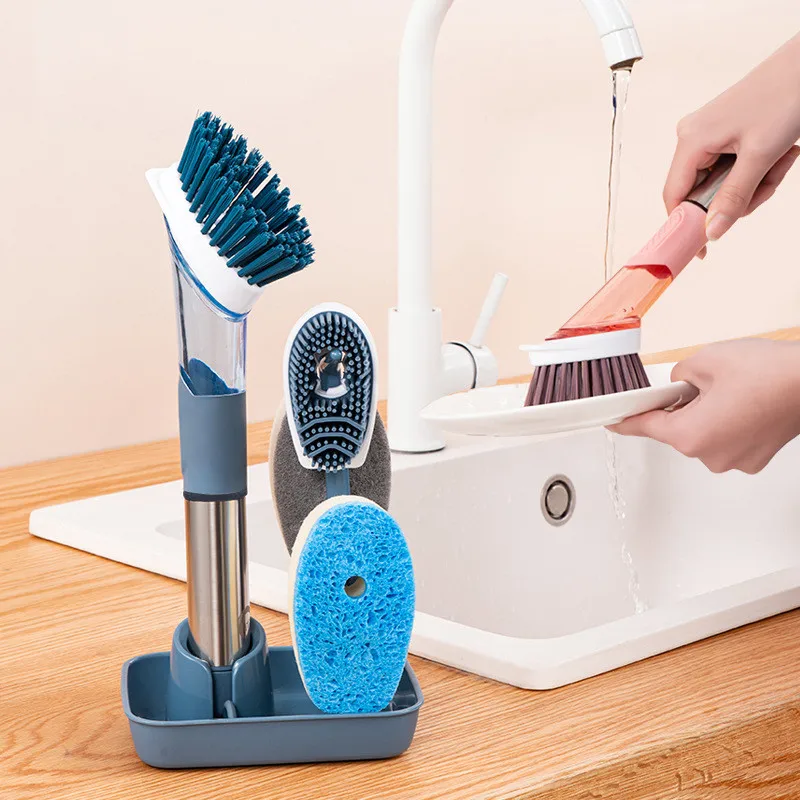 

4 In 1 Kitchen Cleaning Brush Set With Holder Household Long Handle Cleaning Brush Removable Brush Head Kitchen Accessories