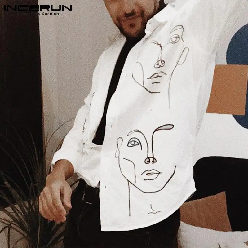 

INCERUN Stylish New Men's Handsome Well Fitting Blouse Long Sleeve Male Party Shows Graffiti Stick Figure Shirt S-5XL Tops 2021