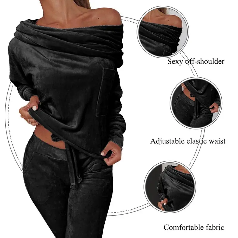 

2021 Velvet 2 Piece Set Tracksuit Women Outfits Top Pant Trouser Suit Shoulder Matching Loose Warm Clothing