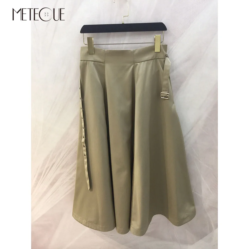 

High Waisted Skirt Khaki Color with Belt 2021 Fall Winter New Runway Fashion 100% Cotton Women A Line Midi Skirt