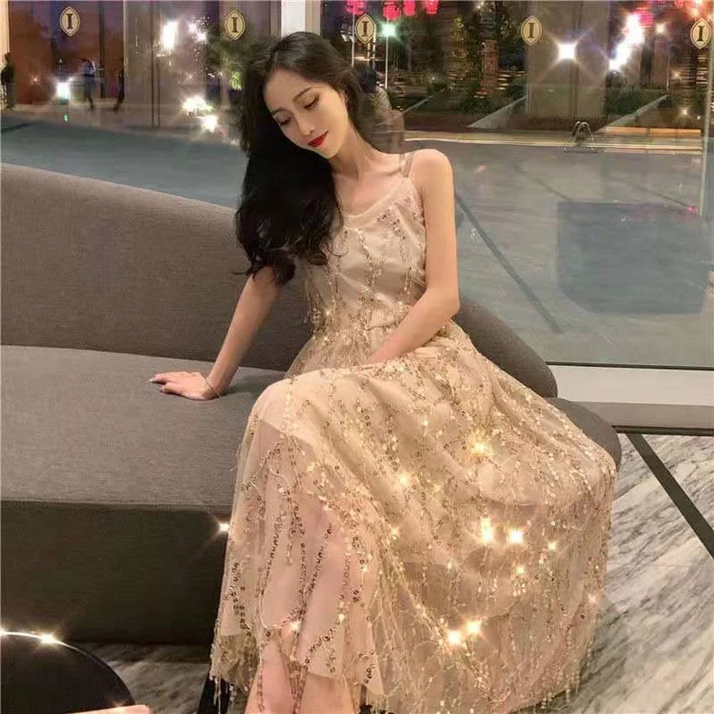 

Blingbling Sequin Fairy Women Elegant Sweet Party Dress Female Casual Sexy Lace Kawaii Spaghetti Strap Dress Summer 2021 New