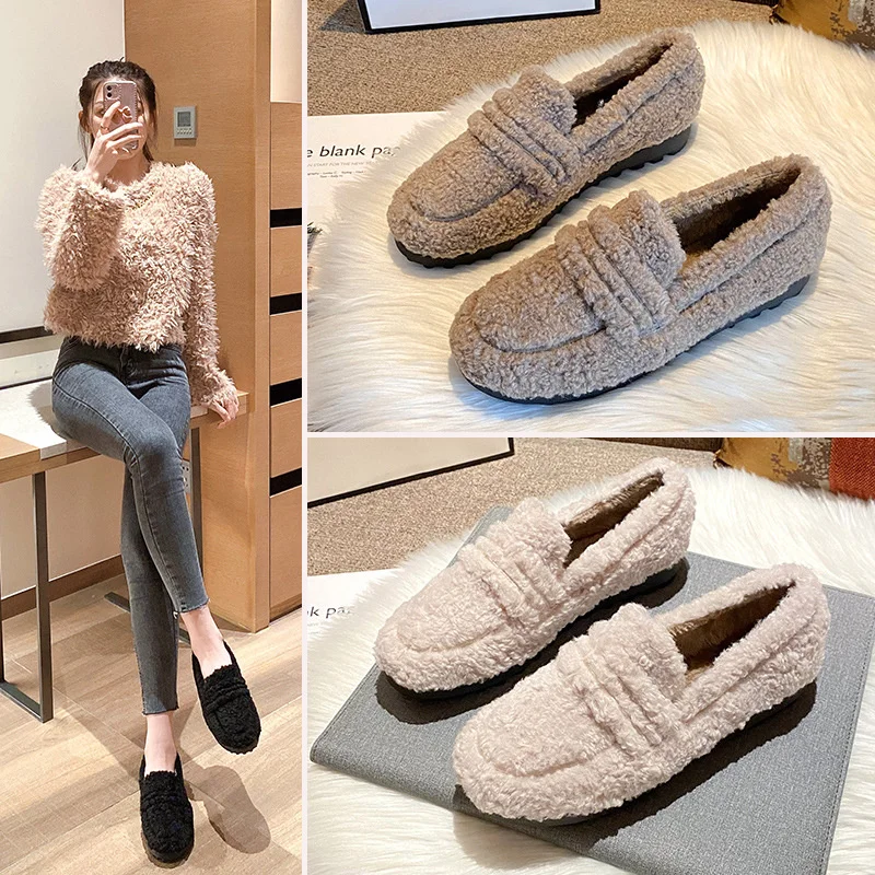 Hot Women Thicken Soled Shearling Loafers One Band Lambswool Moccasins Femme Plus Size 34-43 Fur Flats Woman Winter Plush Shoes
