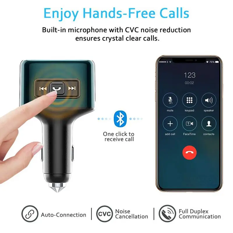 Bluetooth FM Transmitter Wireless Radio Adapter Receiver Car Kit with 18W USB Type-C Charger Port5V/2.4A Dual Ports Sup |