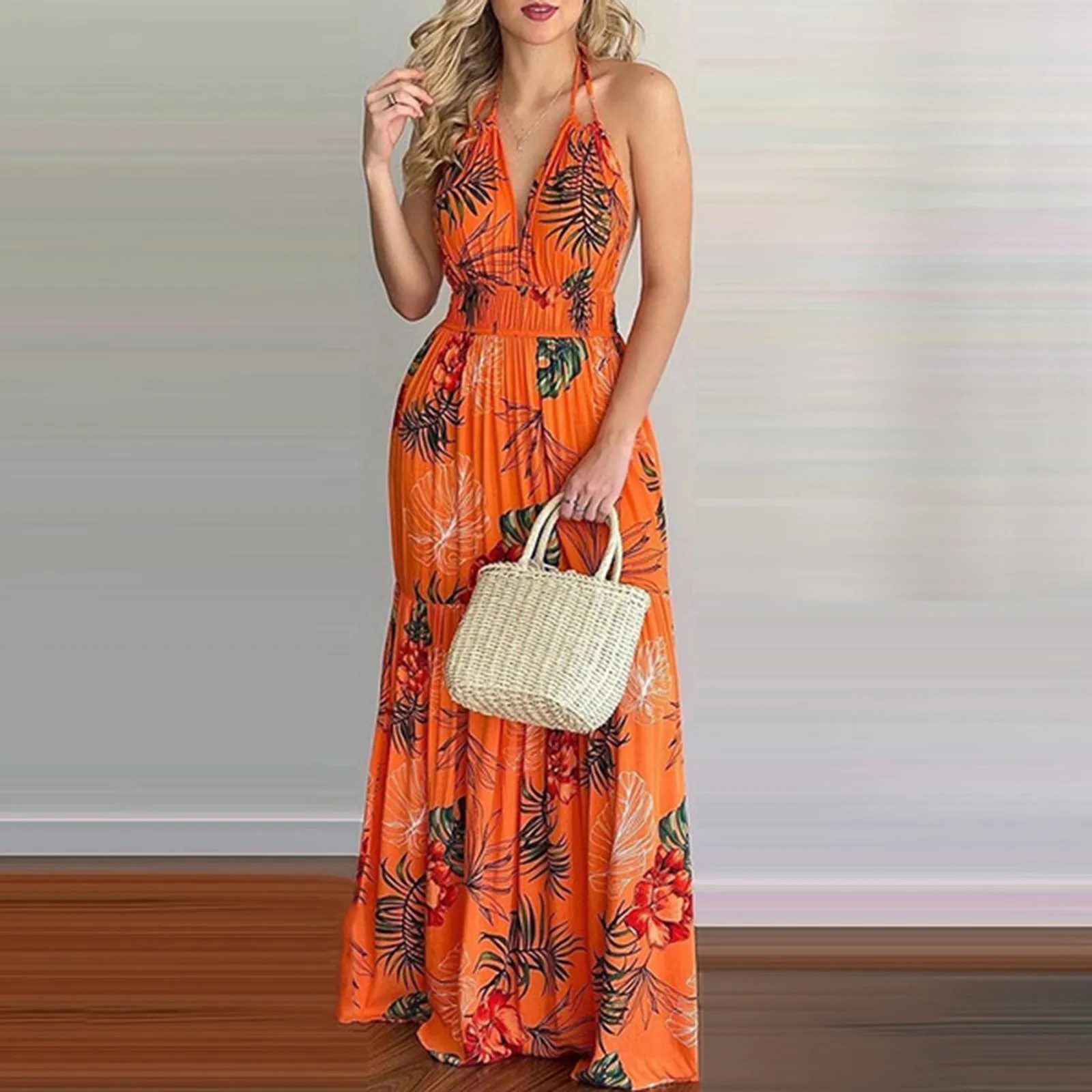 

2021 Women Plus Size Tropical Print Halter Backless Maxi Dress Ladies Summer Sexy A-Line Sleeveless Beach Dress Dress robe femme