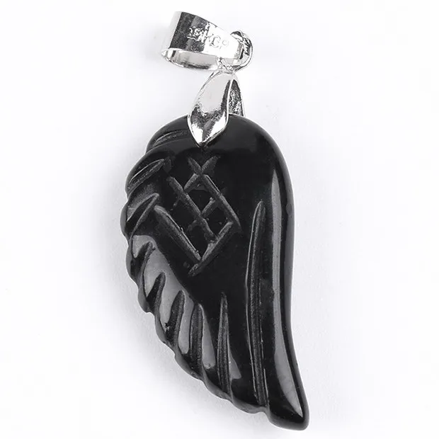 black agate 1 шт. натуральный камень аметисты розовый прозрачный кварц опал авантюрин флюорит бусина резные Крылья ангела перо кулон ювелирные изделия - Окраска металла: black agate
