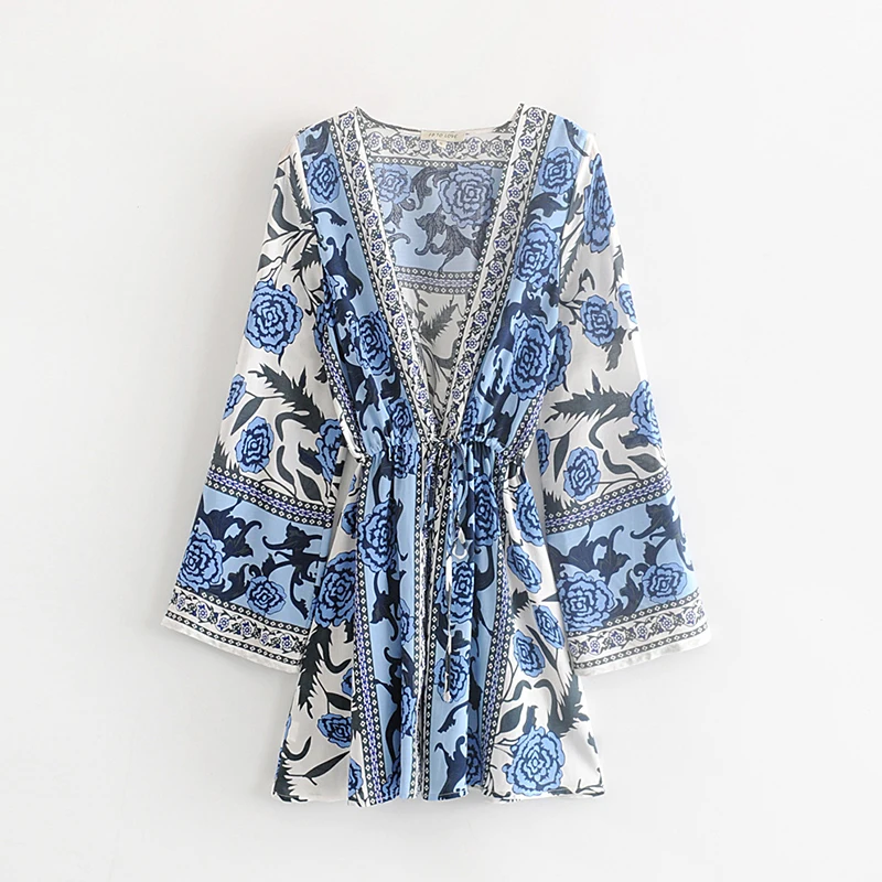 Женское винтажное мини платье с v образным вырезом и длинным рукавом мягкое