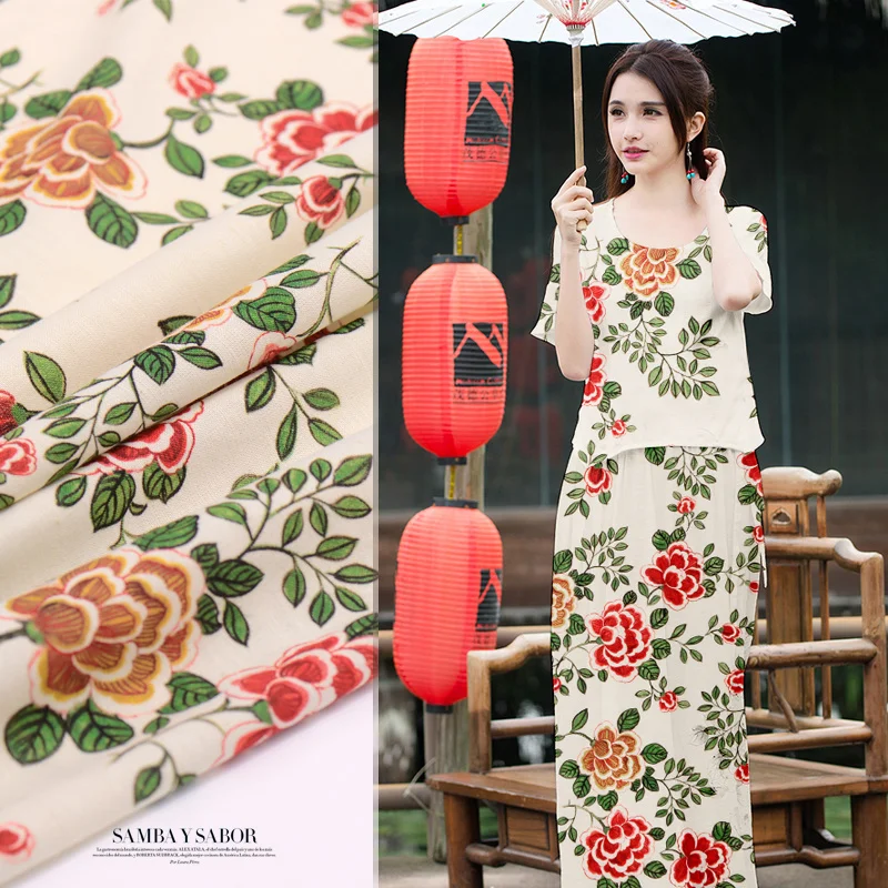 

1 Meter Ten Miles of Spring Breeze Heavy Silk Linen Spun 35m Printed Fabric