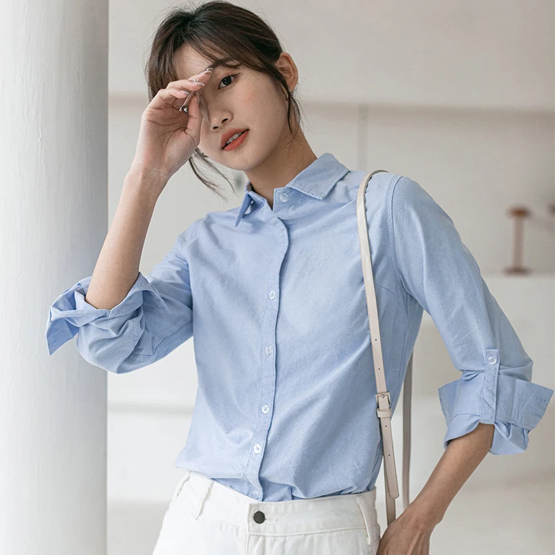 

COIGARSAM Brief Full Sleeve Shirt Womens tops Women shirts White Blue 3158