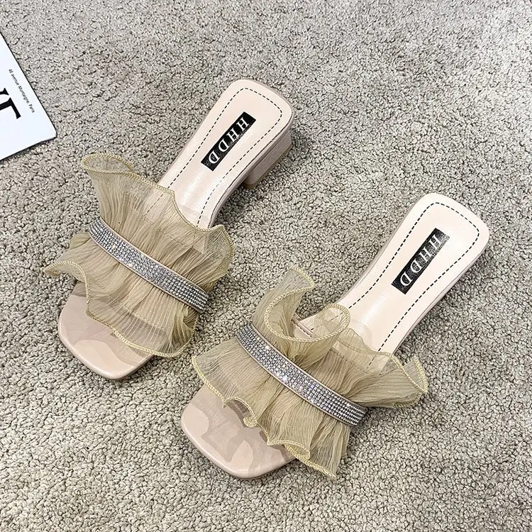 

Summer new style rhinestone lotus leaf fairy style thick heel flip flops female outer wear sandals and slippers X771