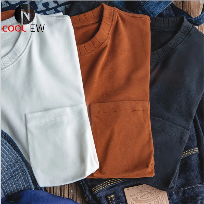 

Men's American Vintage Solid Color Three-color Pocket T-shirt Amekaji Cotton Casual Round Neck Long Sleeve Men