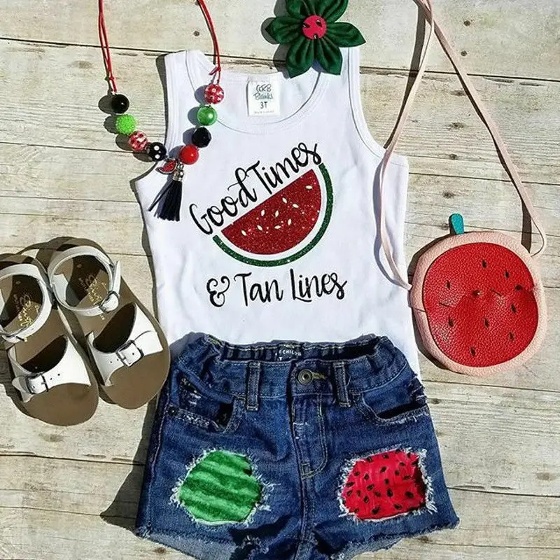 

Toddler Kid Baby Girl Clothes Vest Letter Printed Tank Tops Shirt Patchwork Fashion Denim Shorts Outfit Set