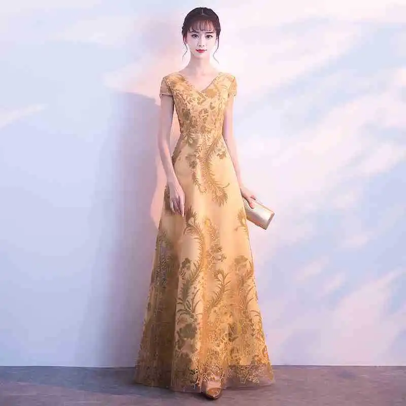 

Gold Exquisite Appliques Trim Long A-Line Dresses Female Elegant V-Neck Formal Party Dress S-3XL Short Sleeve Banquet Gown