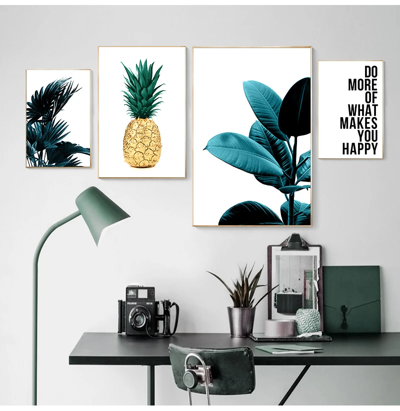 

Scandinavian Golden Pineapple Leaf Wall Poster Botanical Canvas Art Print Motivational Quotes Painting Nordic Decoration Picture