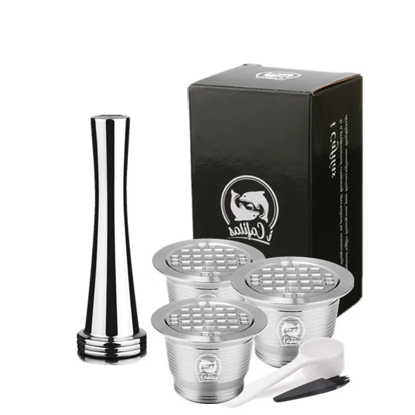 3 capsule 1tamper ICafilas Nespresso многоразовая капсула многоразовый фильтр для кофе капельница Сталь Nespresso Cafeteira Capsulas De Cafe Recargables - Цвет: 3 capsule 1tamper