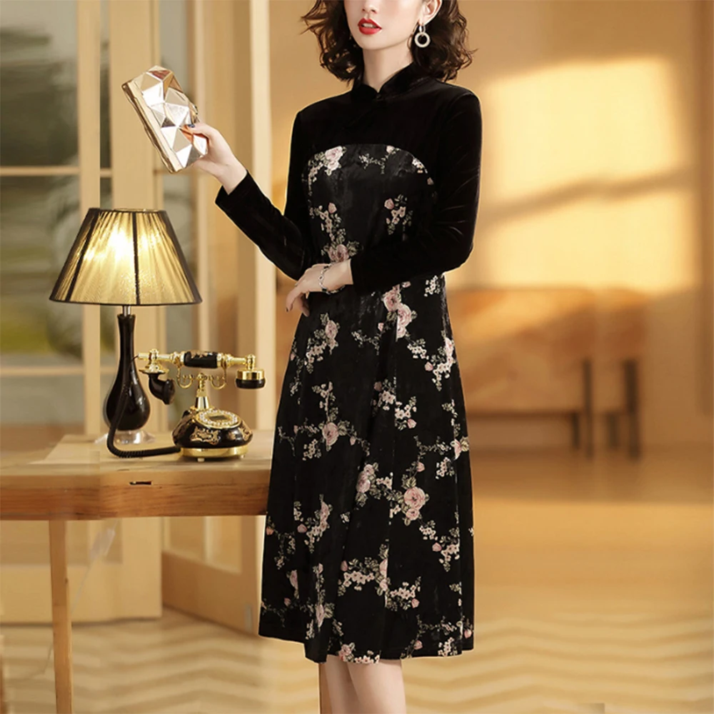 Женское вечернее длинное платье из шифона с цветочным принтом черное свободное