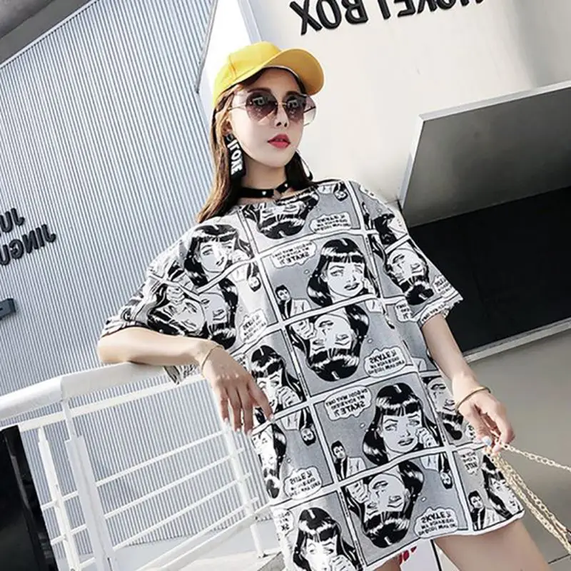 

Women Harajuku Two Piece Set Fashion Cartoon Printed Short Sleeves T Shirt Tops+Long Pants Korean Casual Tracksuits Suit Hip hop