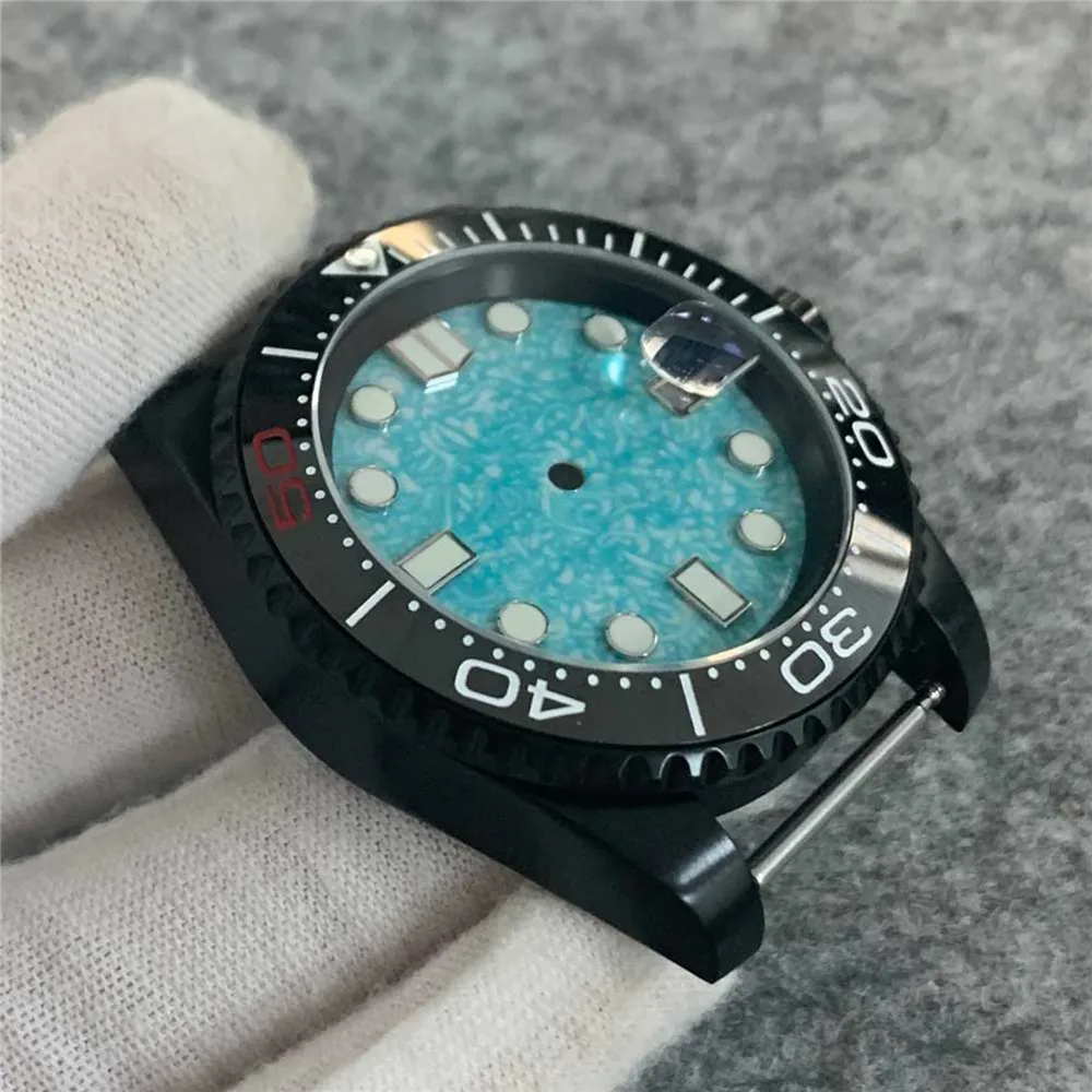 

40 мм чехол для часов черный PVD покрытие светильник-Голубой циферблат керамический чехол для часов чехол для NH35/NH36/4R36 наборы для модификации ...