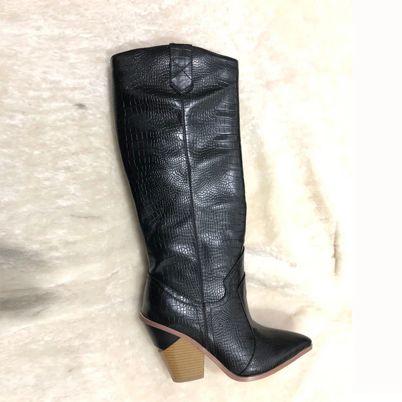 

2019 New brand microfiber leather women knee high boots sexy pointed toe western cowboy boots women mid-calf chunky wedge boots