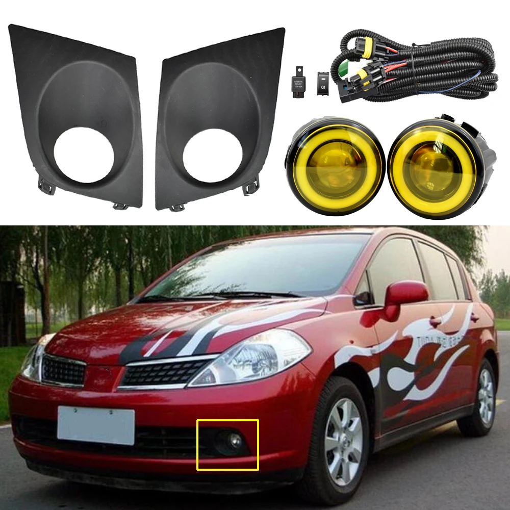 

1pair fog lights for Nissan Tiida Latio 2005-2008 headlights LED Halogen fog light frame Wiring Grille Harness Switch Kit