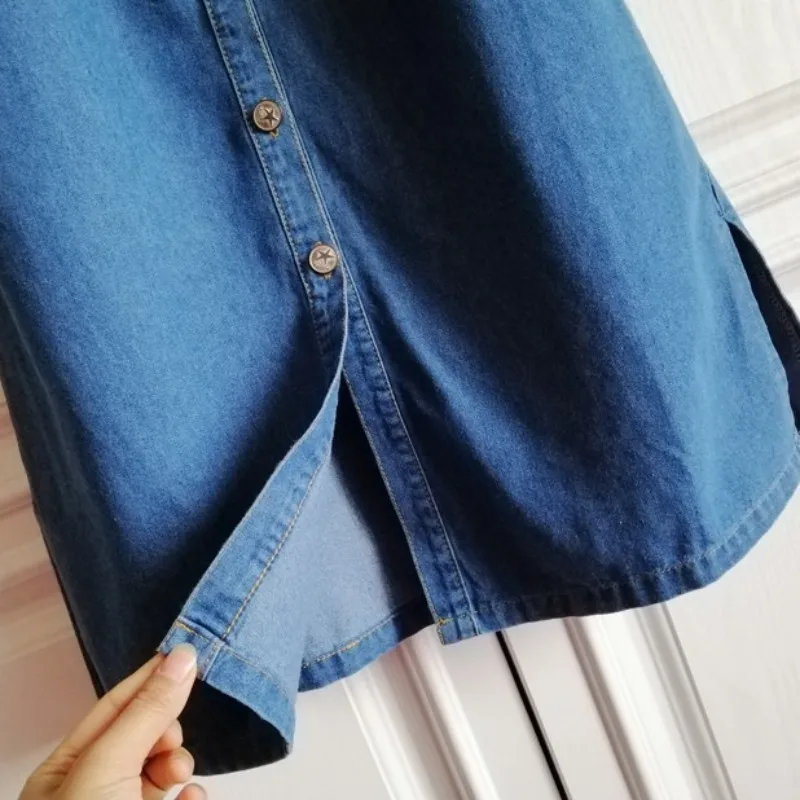 

2021 New Denim Midi Dress Female Spring Autumn Long Sleeve Jean Shirts Dress Vintage High Waist Office Lady A-Line Dress S-2XL