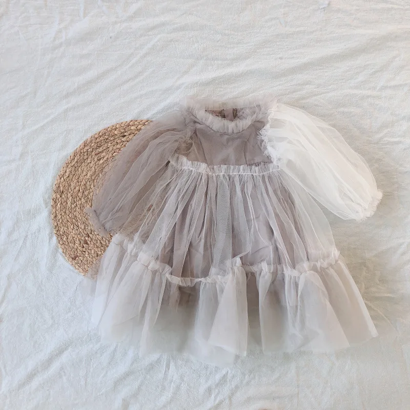 

Spring Autumn fashion mesh princess dress for fashion girls puff sleeve patchwork party long dresses