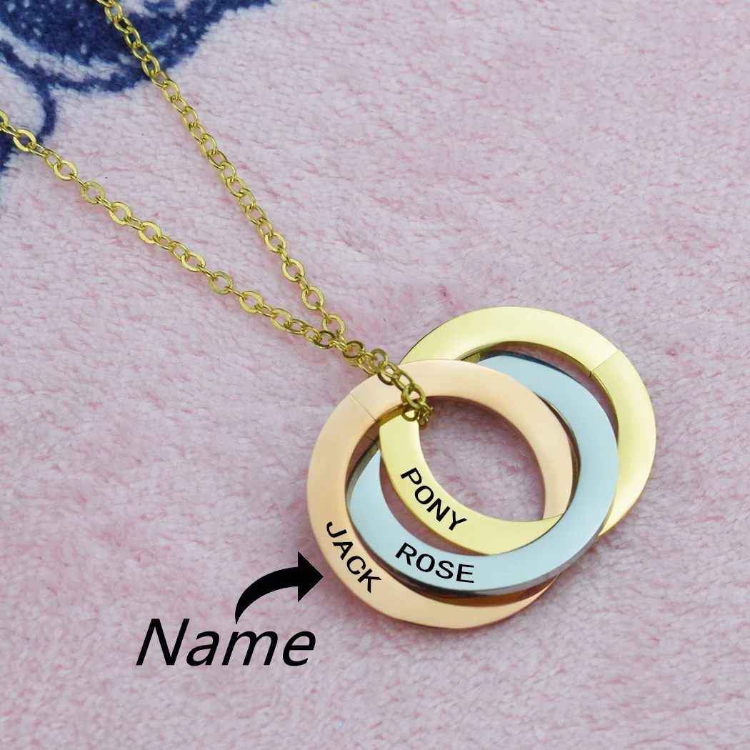 

Personalized Engraved Necklace Stainless Steel Circle Ring Pendant Custom 3 Names Necklace Customized Family Jewelry