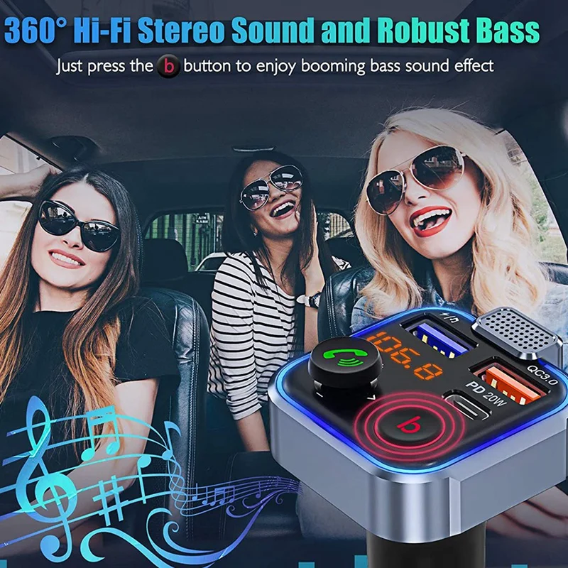 FM Transmitter In-Car Adapter Wireless Bluetooth 5.0 Radio Car Kit Type-C PD 20W+ QC3.0 Fast USB Charger | Электроника