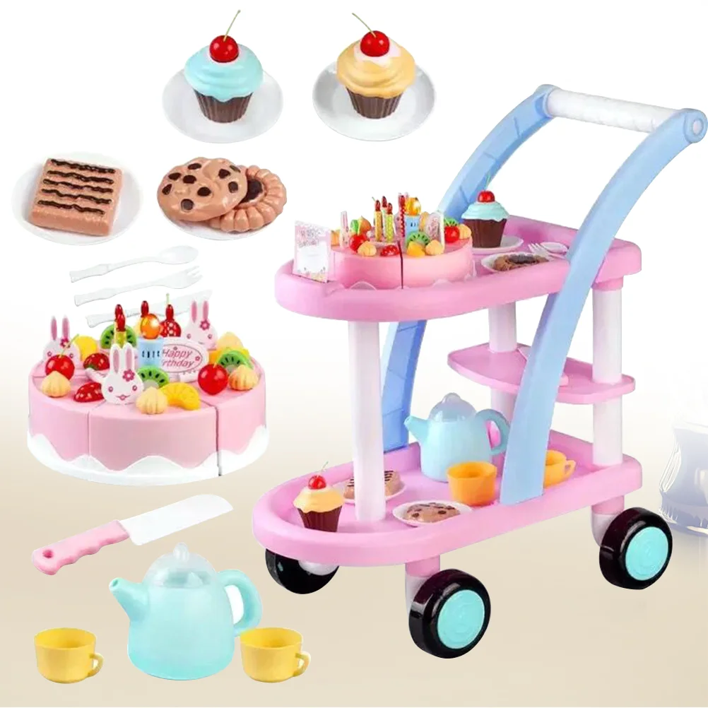

56pcs Children Birthday Cake Trolley Kids Role Play Set Playing House Learning Toys )