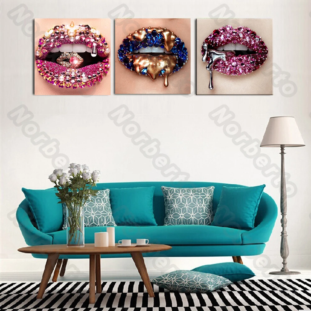 

Modern Abstract Style Canvas Painting Wall Poster Different Art Lips with Green Pink Red Golden Diamonds for Home Room Decoratio
