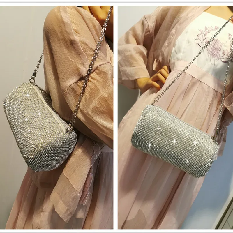 

Luxury women's handbag shiny rhinestone wedding bucket bride bag evening bag chain shoulder messenger bag silver black gold