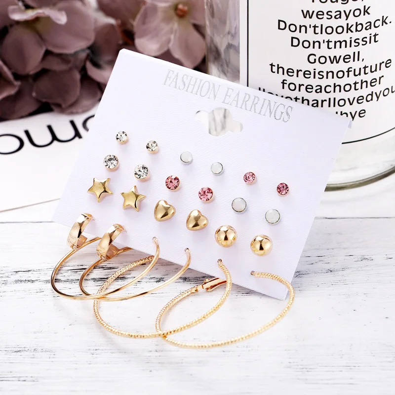 

New Fashion Simple Golden Cute 12 Piece Stud Earrings Set Crystal Small Star Heart Round Zircon Earrings Stud for Woman