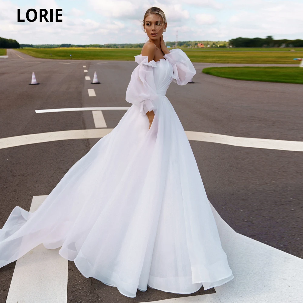 

LORIE Princess Wedding Dresses Long Puffy Sleeve Beach Bridal Gowns Simple Open Back Boho Dress With Long Train Plus Size 2020