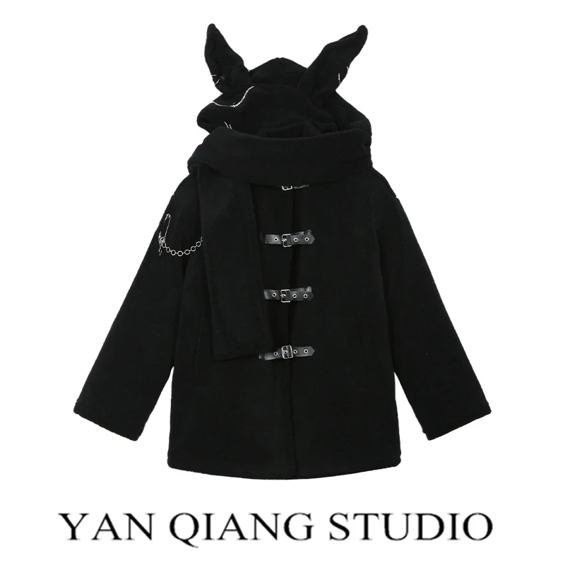

Новинка, весенне-осеннее кавайное черное пальто в стиле Харадзюку с капюшоном и заячьими ушками, модное свободное милое крутое пальто с длинным рукавом для девушек