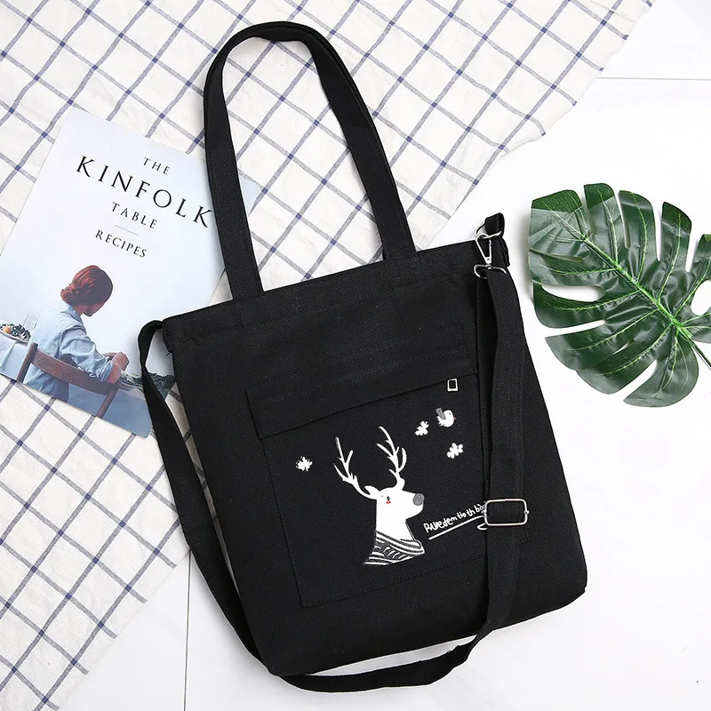 Женская тканевая сумка с милыми животными черно белая на одно плечо для покупок