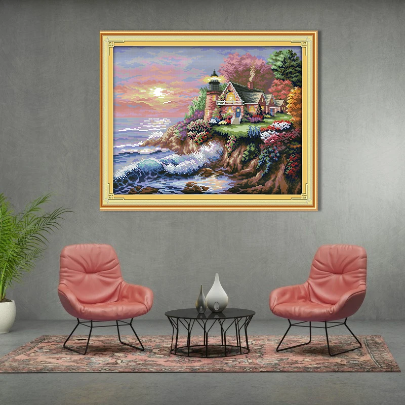 The Seaside Lighthouse Paintings Embroidery Counted Printed On Canvas 11CT 14CT Chinese Cross Stitch kits Beginner Home Decor | Дом и сад