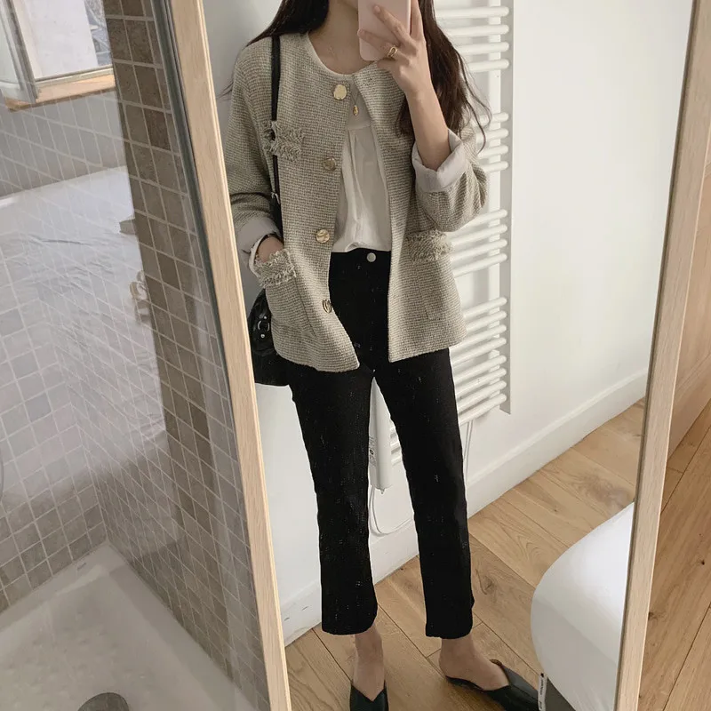 

Comelsexy Tweed Solid Color Single Breasted Small Fragrance Round Neck Exquisite Coat 2020 Women Fashion Autumn Versatile Coat