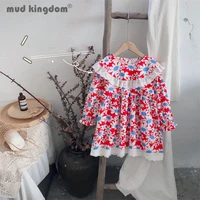 mudkingdom girl floral dress turn down collar lace long sleeve cute princess dresses for girls spring autumn loose kids clothes