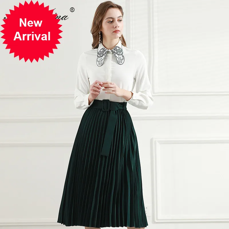 

Fashion Designer Suit Spring Autumn Women Long sleeve Shirt Tops+lace-up Pleated skirt Elegant Two-piece set
