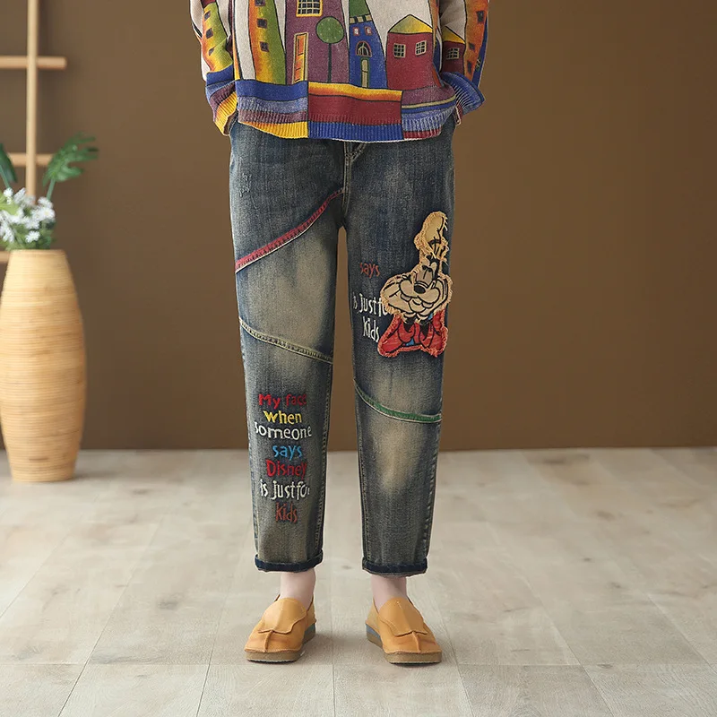 OMIKRON Женские винтажные свободные хлопковые джинсы с вышивкой из мультфильма