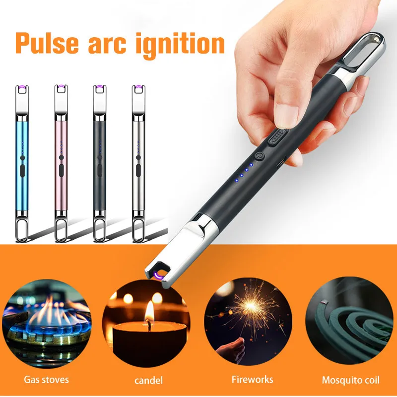 Mini USB Electronic lighter Rechargeable Power Display Pulse Arc Lighter With Hook Windproof Outdoor BBQ Igniter Kitchen Tools | Дом и сад
