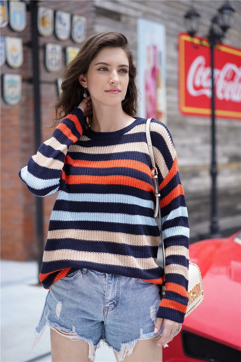 Женский полосатый пуловер Fitshinling разноцветный трикотажный облегающий свитер с