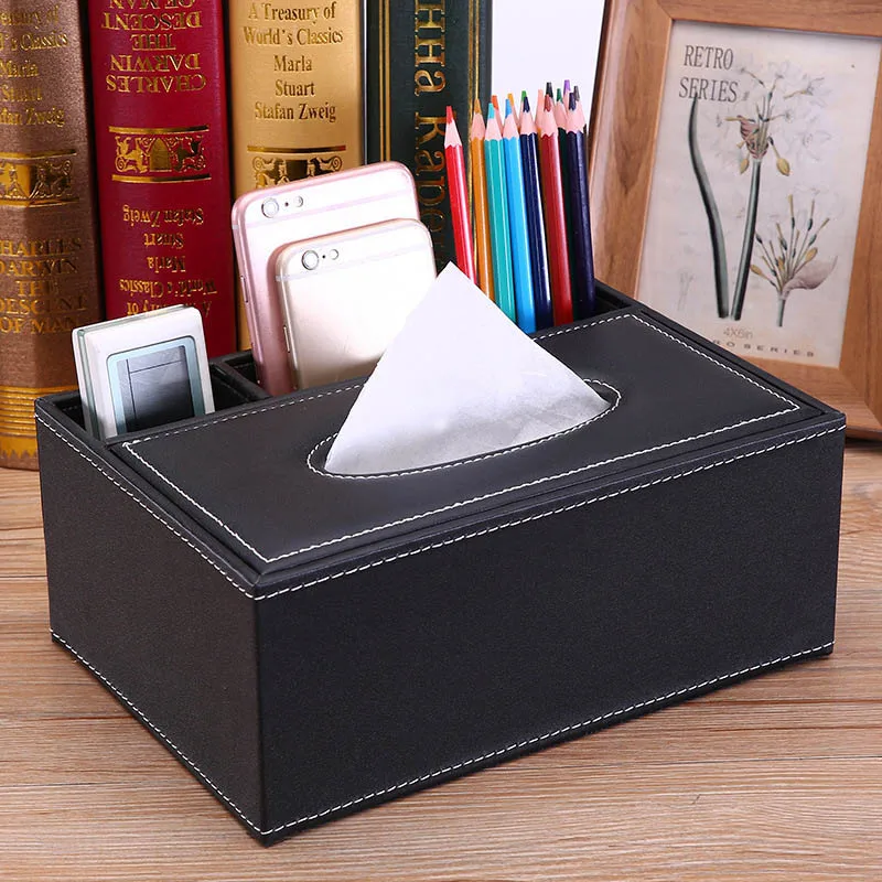 

PU Leather Tissue Box Cover Desk Makeup Cosmetic Organizer Remote Controller Phone Holder Home Office Tissue Paper Napkin Box