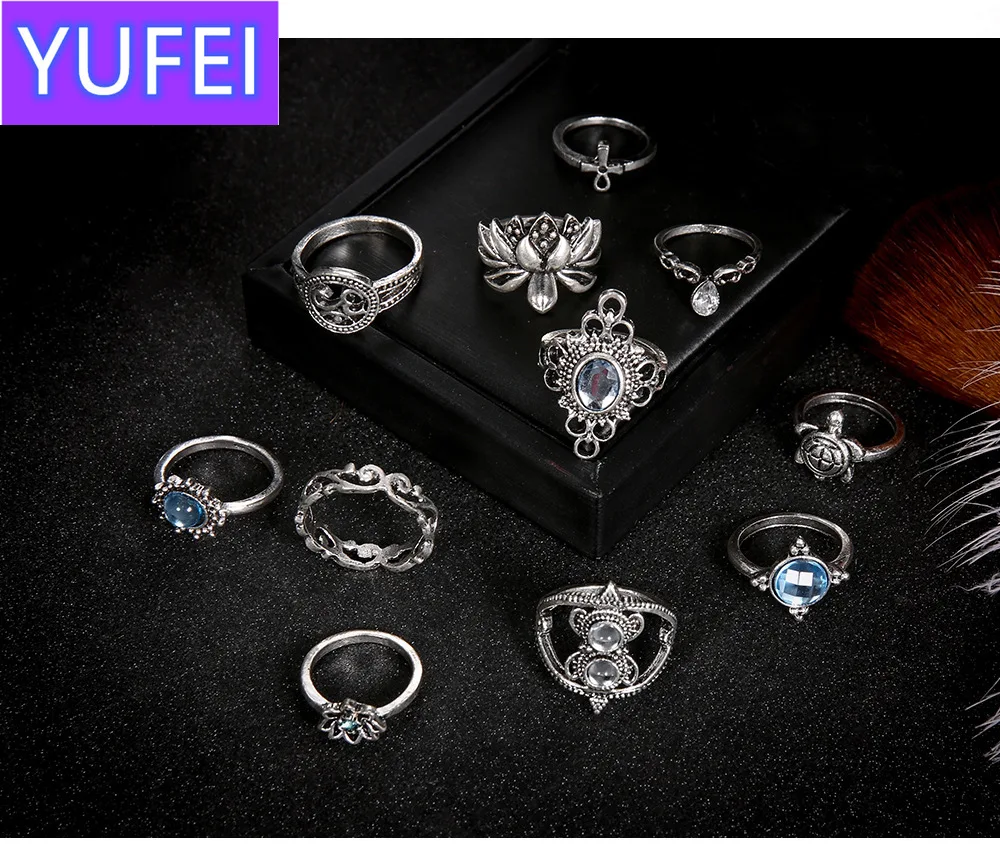 

10pcs/Set Bohemian Finger Knuckle Rings Set For Women Vintage lotus Turtle Ankh Cross Ring Boho Jewelry Gifts