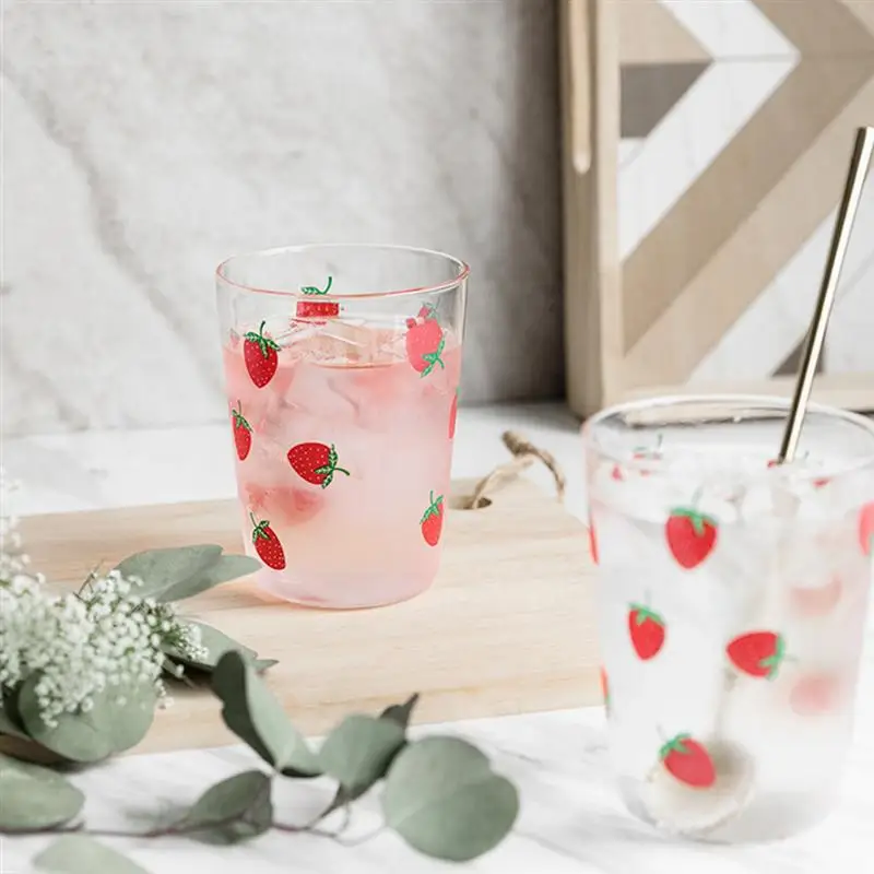 1pc Cute Strawberry Printing Glass Milk Cup Simple Storage Tea Transparent for Home Office |