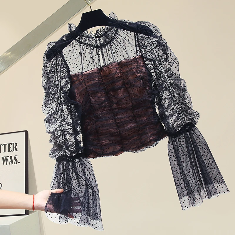 

Sexperspective Lace Shirt Long Sleeve Blouse Women 2021spring Summer Mesh Sleeves Cropped Tops Female Slim Blouses Mujer Blusas