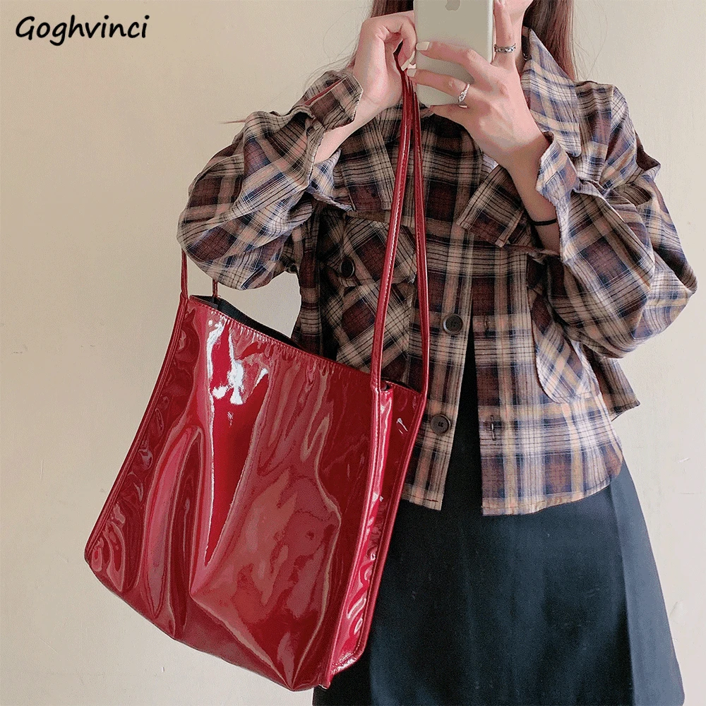 

Сумка-тоут женская из лакированной кожи, нежный Повседневный саквояж на плечо в стиле ретро, нежный современный, вместительный Водонепрони...