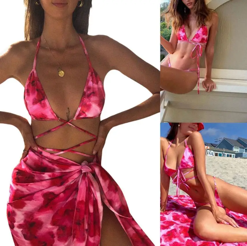 

Летний женский комплект бикини из 3 предметов, Раздельный стиль, Глубокий V-образный вырез, бандажный топ на шнуровке с лямкой через шею, трус...