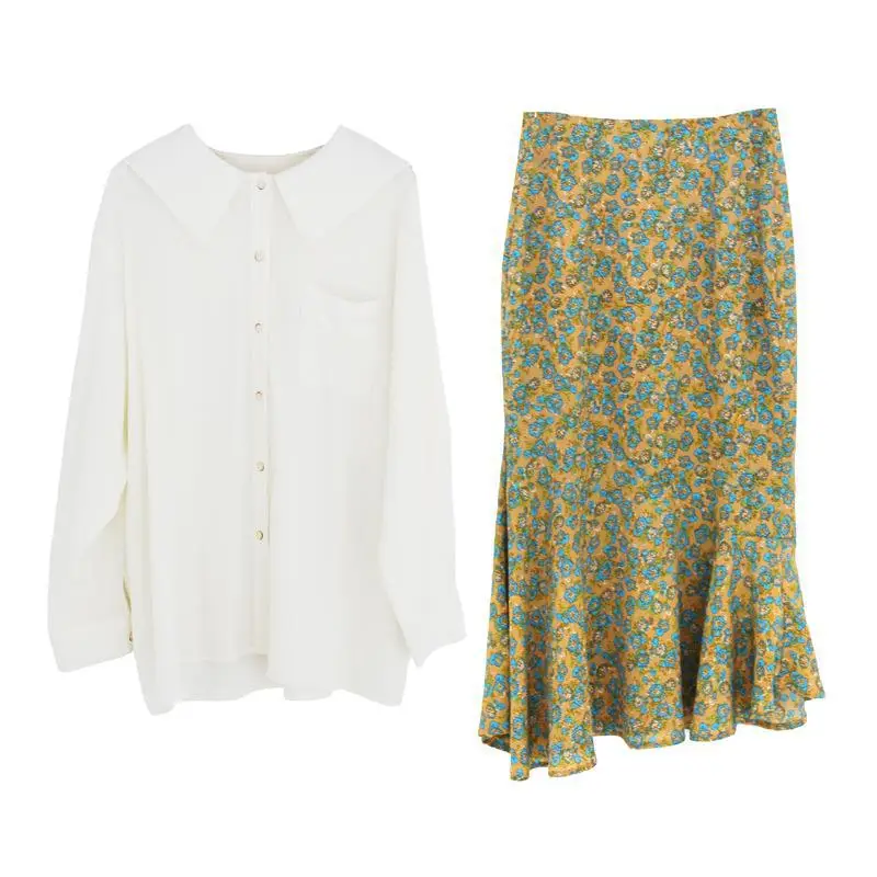 

Summer Chic Korean Style Sweet 2 Pcs Women Skirts Sets Pleated Long Sleeve Solid Shirts + High Waist Vintage Print Trumpet Skirt
