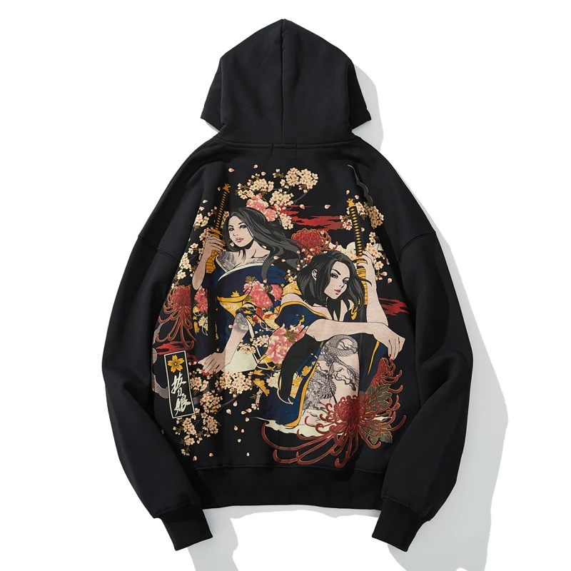 Makuluya Men Boys Fashion Streetwear Spring Autumn Velvet Lining Pullover Hoodies Geisha chrysanthemum Sakura Printed Pattern L